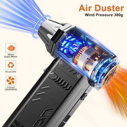 JUFINX Air Duster - 250,000RPM Compressed Air Duster, Replaceable Batteries 2pcs,Long Life-mini Blower, 3-Gear Adjustable- Electeic Air Duster for Keyboard,PCs,Leaves,Car Cleaning (2*Batteries) - Thumbnail 3