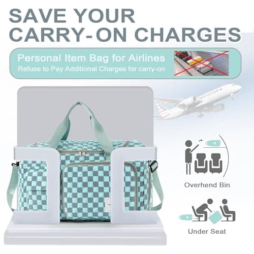 WOOMADA Foldable Travel Duffel Bag with Shoes Compartment, Overnight Bag with Wet Pocket & Trolley Sleeve, Weekender Bags for Women (turquoise checkerboard) - Thumbnail 4