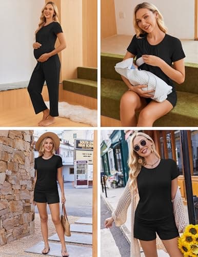 Ekouaer Nursing Pajamas Maternity Lounge Set Postpartum Outfits Breastfeeding Shirts Pregnancy Shorts & Pants Black L - Thumbnail 2