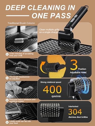 Aurviv Electric Grill Brush, 3-Speed Power Control Grill Brush for Outdoor Grill, Rechargeable BBQ Grill Brush, Cordless Grill Cleaning Brush with 2 Brush Head & Scouring Pad, Gifts for Men/Dad - Thumbnail 2