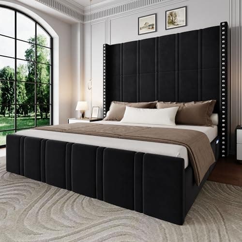 Uteeran King Size Bed Frame with 65.75" Tall Headboard, Luxury Velvet Upholstered Platform Bed with Storage Pockets, Wide Wingback Design, Noise-Free, Easy Assembly, No Box Spring Needed, Black - Image 1