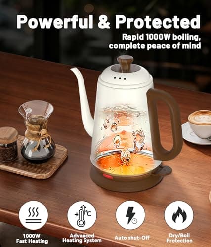 ELTRIKO Gooseneck Electric Kettle, 1L Water Boiler, Pour Over Coffee & Tea, 1000W Fast Heating, Stainless Steel, Auto Shut-Off & Boil-Dry Protection, BPA-Free (White) - Thumbnail 3