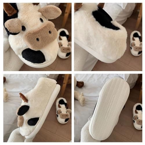 PUWAN Cute Cow Fuzzy Slippers for Women Men, Cotton Animals House Slippers Fluffy Plush Indoor Shoes for Living Room Bedroom, Size 9.5-10 - Thumbnail 4