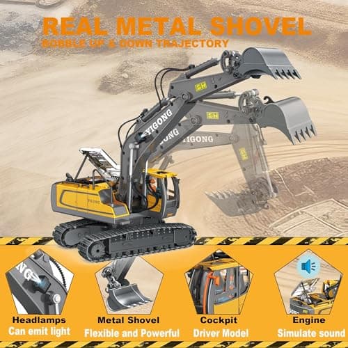 BYCICI Remote Control Excavator Toy for Boys 4-7, RC Excavator 680-degree Turns with Metal Shovel Lights & Sounds and 2 Batteries,Construction Toys Best Birthday Gifts for Boys 6 7 8 9 10 11 Year Old - Thumbnail 2