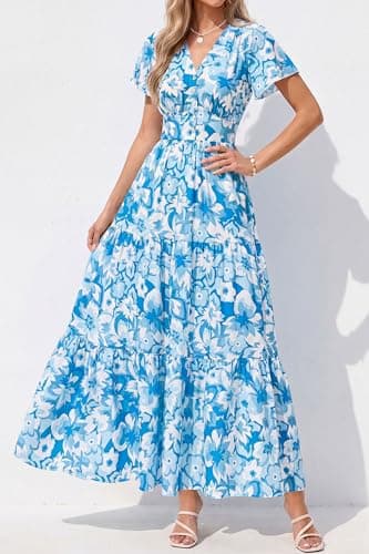 PRETTYGARDEN Women Summer Maxi Dresses 2026 Short Sleeve V Neck Button Floral Tiered Flowy Boho Sundress Beach Outfits(Blue Floral,Medium) - Thumbnail 6