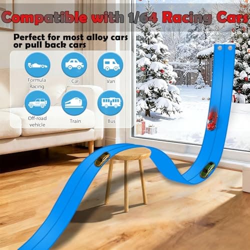 Flexible Race Track 15 Ft Starter Set, Flex Tracks for Kids 3+ with Strong Suction Cups, Flexible Car Race Ramp Track Compatible with Hot Wheels and Diecast 1/64 Cars, Portable Rolls Up Race Tracks - Thumbnail 2