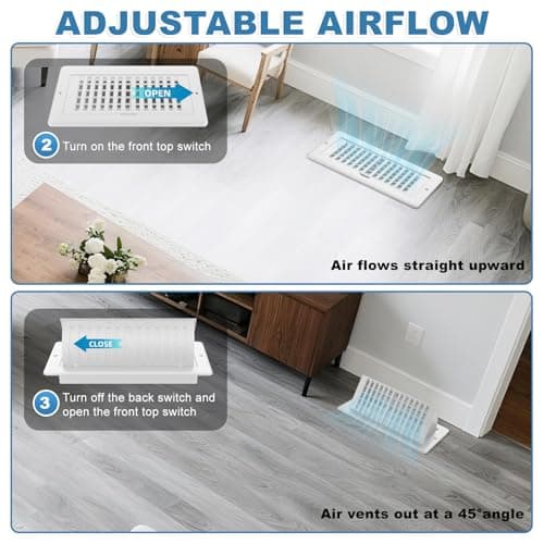 Floor Vent Covers with Vent Deflector, Adjustable Floor Register 4x10, Air Vent Deflector Includes Mounting Screws for Floor Wall & Ceiling for Easy Install, 2 in 1 Floor Vents, White, 2 Pack - Thumbnail 3