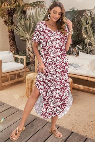 MOLERANI Casual Maxi Dresses for Women Floral Beach Vacation Dress Long Summer Dress 2026 Flower Sundress with Pockets,Red Flower,S - Thumbnail 3
