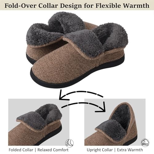 VANSARTO Men’s Knit Bootie Slippers Warm Fold-Over Ankle Collar Plush Fleece Lined Memory Foam House Shoes Cozy Winter Non-Slip Indoor Outdoor Slippers for Men, Brown, Size 7 - Thumbnail 5
