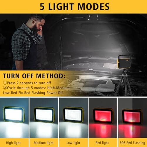 T-SUN Rechargeable Work Light, Portable Flood Light for Outside, Cordless LED Work Light with Tripod Hole, Waterproof Trouble Light USB Powered for Camping Fishing Car Repaire Job Site, 2 Packs - Thumbnail 2