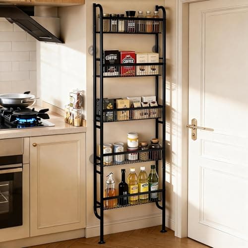 Ormeo Home Behind The Door Narrow Bookshelves Pantry Spice Rack 5-Tier Slim Metal Space-Saving Organizer for Bathroom Closet Kitchen Living Room Sturdy Room Laundry Room, Black - Thumbnail 5