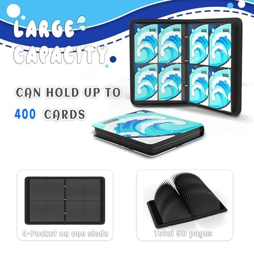 Trading Card Binder 4 Pocket,Card Binder 400 Pockets,Card Book Holder Cards with 50 Removable Sleeves,3-Ring Zip Design MTG/TCG/Sport Collectible Trading Card Albums Gifts for Boys and Girls(Water) - Thumbnail 4