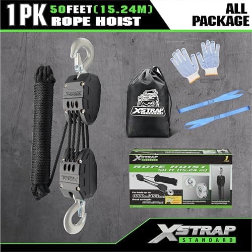 XSTRAP STANDARD Heavy-Duty 2,000LB 50 Feet Rope Hoist Pulley 1 Ton Wheel Block and Tackle System 5:1 Ratio Lifting Power with 2PK 18 Inch Soft Loops (Upgraded 50ft Black) - Thumbnail 5
