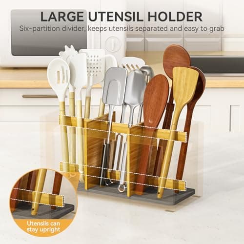 Yofidra Bamboo Utensil Holder & Silverware Organizer: Extra Large Cooking Holder with Absorbing Drying Stone and 6 Compartments Kitchen Countertop Storage Farmhouse Decor Accessories 11.8"X4.7"X5.9" - Thumbnail 5