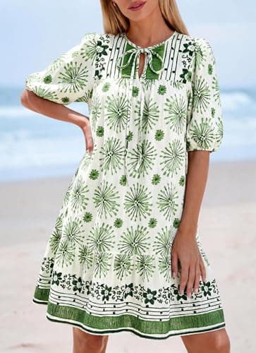 Okiwam Womens Summer Dresses 2026 Drawstring V Neck Lantern Short Sleeve Boho Floral Casual Babydoll Beach Vacation Sundress-XL Green Flower - Thumbnail 4