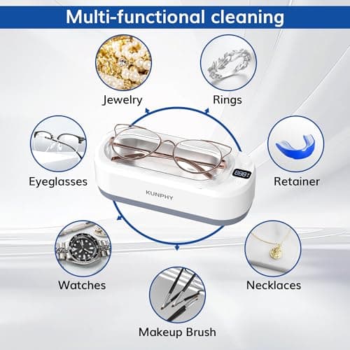 Upgraded KUNPHY Ultrasonic Jewelry Cleaner with 50ml Solution, 48KHZ, 12OZ Capacity, Ultrasonic Cleaner with 3 Digital Timer, Touch Control, Idea for Jewelry, Eyeglass, Rings, Diamond - Thumbnail 6