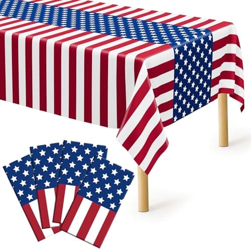 4 Pcs 4th of July Decorations, 108" X 54" Plastic 250th Anniversary 4th of July Tablecloths, Rectangle Red White Blue Tablecloth American Tablecover, Patriotic Table Cover Memorial Day Party Supplies - Image 1