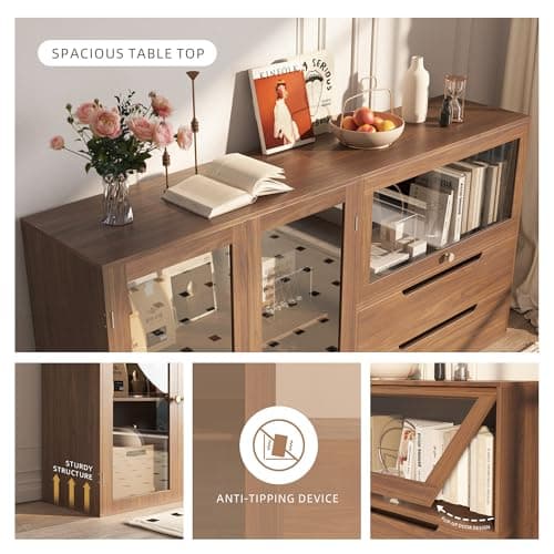 Easyego 63‘’Storage Cabinet,Sideboard Buffet Cabinet with Glass Doors and Drawers,Modern Wood Coffee Bar for Kitchen, Living Room,Dining Room，Entryway-Walnut - Thumbnail 5