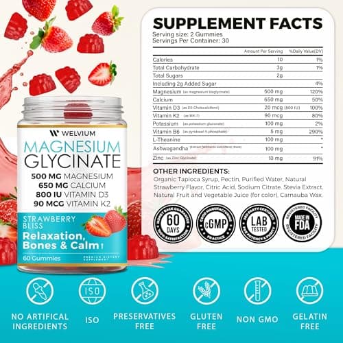 WELVIUM Magnesium Glycinate Gummies with Ashwagandha, L-Theanine - 500mg Magnesium Glycinate, D3, K2, B6, Calcium, Zinc, Potassium Supplement for Muscle, Immune and Bone Support, Chewable Magnesium - Thumbnail 4