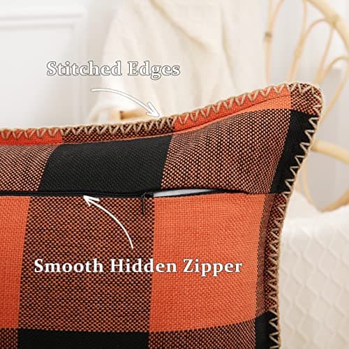 decorUhome Summer Buffalo Plaid Check Throw Pillow Covers 16x16 Set of 2 Outdoor Linen Decorative Farmhouse Gingham Pillow Covers with Stitched Edge for Bed Couch Sofa, Orange and Black - Thumbnail 3