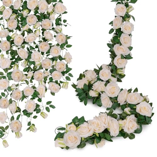 U'Artlines 3 Pack Artificial Champagne Rose Vines Floral Garlands Total 19.5 Ft Fake Vine Silk Flower Garland for Indoor Outdoor Home Wedding Arch Garden Wall Decoration - Image 1