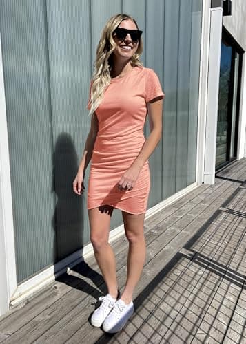 BTFBM Women’s Summer Dresses 2026 Casual Bodycon Mini Dress Short Sleeve Crew Neck Ruched Spring Beach Vacation Outfits(Dark Pink, Medium) - Thumbnail 6