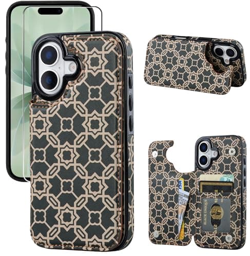 JOYAKI Compatible with iPhone 17 Wallet Case with Card Holder, Flip PU Leather Kickstand Case Screen Protecor, Double Magnetic Clasp with Screen Protector Cover 6.3 "-Dark Pattern Compass