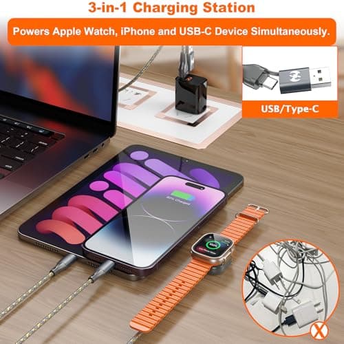 Multi Charging Cable for Apple Watch Charger 6FT, iPhone Charger USB A/C Multi Fast 3 in 1 Charging Cable for iWatch Ultra/SE/10-1 & iPhone16-5/Pro/Plus/iPad/iPod/Airpod - Thumbnail 3