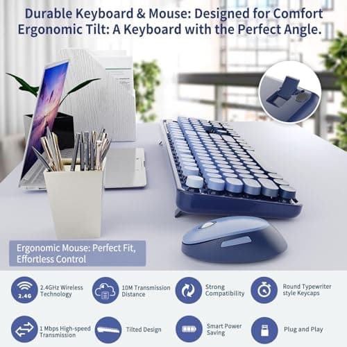 Nowlike Wireless Keyboard and Mouse Combo, Retro Typewriter Keyboard with Round Keycaps, Full-Size Ergonomic, Blue, Ideal for Windows PC, Home, Office, and College, Wireless Keyboard Mouse Combo - Thumbnail 5