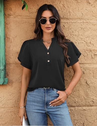 LOOKBOHO Dressy Tops for Women Casual Business Work Blouses Ruffle Short Sleeve V Neck Trendy Summer Button Down Tshirt XL Black-a - Thumbnail 2