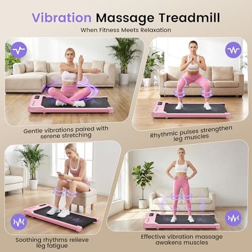 Pink Walking Pad Treadmill with Incline - Under Desk Treadmill with Vibration Massage Plate, 2.5HP Compact Portable Treadmills for Home Small Spaces, Office, Remote Control & LED Display - Thumbnail 3