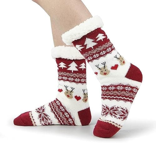 BenSorts Women's Slipper Socks with Grippers House Home Winter Warm Cozy Fuzzy Sherpa Non Slip Grips Socks Non Slip Comfy Soft Christmas Gift Christmas Black Red 2 Pairs - Thumbnail 4
