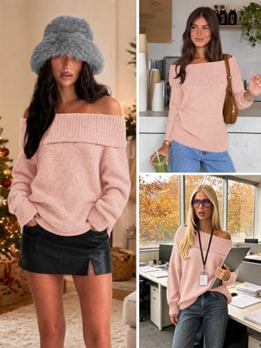 ATHMILE Pink Off the Shoulder Sweater Womens Oversized Spring Tops Batwing Sleeve Loose Pullover Fall Winter Outfits - Thumbnail 5