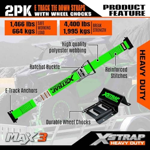 XSTRAP STANDARD Wheel Chock E-Track Tie Down Straps Kit, 2 Pack 2" x 9FT Over-The-Tire Ratchet Straps with Steel Wheel Chocks, 1466 lbs WLL for ATV, UTV, Lawn Mower, Trailer Hauling, Green - Thumbnail 4