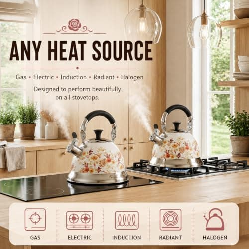 Tinlon Enamel Tea Kettle, 3.1QT Floral Whistling Tea Kettle for Stovetop - Thumbnail 6