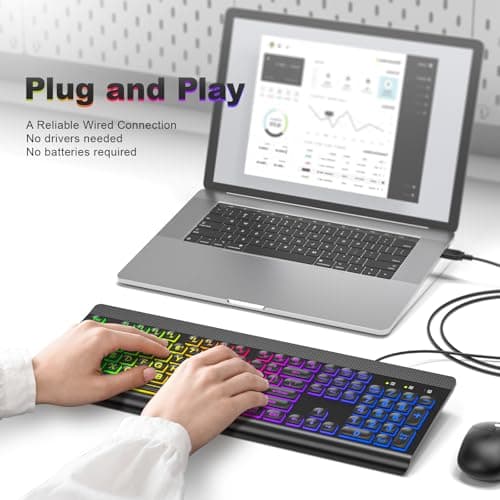 Atelus Large Print Backlit Keyboard, USB Wired Computer Keyboard, Full Size Keyboard with Rainbow Illuminated LED Compatible for Windows Desktop, Laptop, PC, Gaming, Black - Thumbnail 6