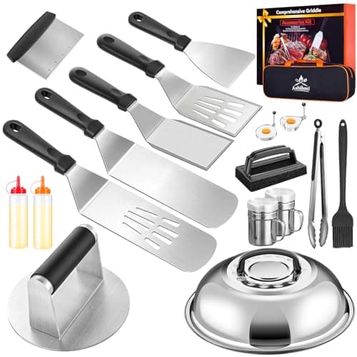 Griddle Accessories for Blackstone with Smashed Burger Press,19Pcs Griddle Accessories kit for Hibachi, Enlarged Grill Spatula, Salt and Pepper Shakers, Grill Black Tools Set