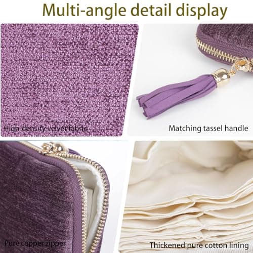 ASINGYER Travel Jewelry Storage Bag for Women, Velvet Portable Jewelry Organizer with Tassel Zipper, Small Pouches for Bracelets Necklaces Rings Earrings, Wedding Gift for Women (purple) - Thumbnail 5