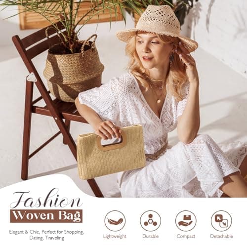 Clutch Purses for Women, Top Handle Straw Purse Handbags, Summer Shoulder Crossbody Bag, Woven Beach Bags Purses - Thumbnail 3