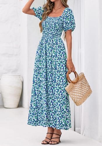 BTFBM Spring Summer Dresses for Women 2026 Puff Short Sleeve Smocked Floral Print Boho Beach Wedding Guest Maxi Dress(Floral Blue Green, Small) - Thumbnail 6