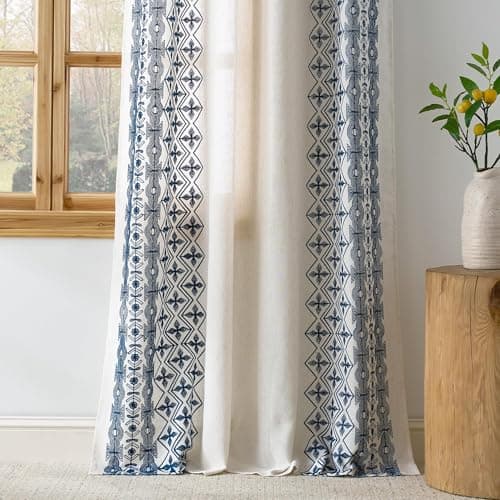 NICETOWN Navy Blue and Cream Boho Curtains 102" Long, Embroidered Linen Textured Floor to Ceiling Drapes with Antique Bronze Grommets, Light Filtering Window Treatment for Living Room, 2 Panels - Thumbnail 5