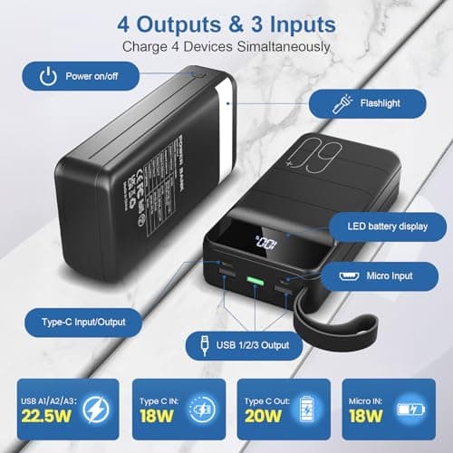 Portable Charger Power Bank 60000mAh Fast Charging 22.5W PD4.0 & QC 4.0 with USB C Battery Pack Charger Portable High Capacity Portable Phone Charger Power Bank for iPhone,Samsung,Travel (Black) - Thumbnail 5