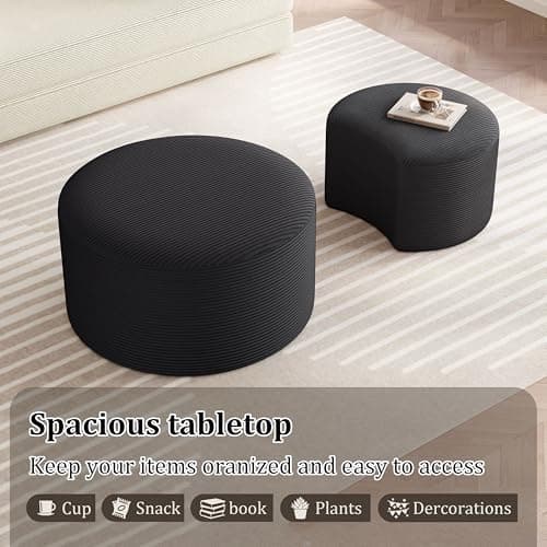 BSHOMGI Nesting Coffee Table Set of 2, Upholstered Round Corduroy Circle Foam Round Side Table for Living Room, Entryway Set, 32"+17" Footrest No Assembly (Black, 32"+17") - Thumbnail 3