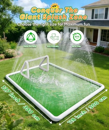 EPN Splash Pad for Kids, 138" x 118" Extra Large Sprinkler Mat with Soccer Goal & Ball, Non-Slip Thick PVC Water Play Mat, Outdoor Backyard Water Toys for Kids Ages 4-8 8-12, Lawn & Summer Fun - Thumbnail 2