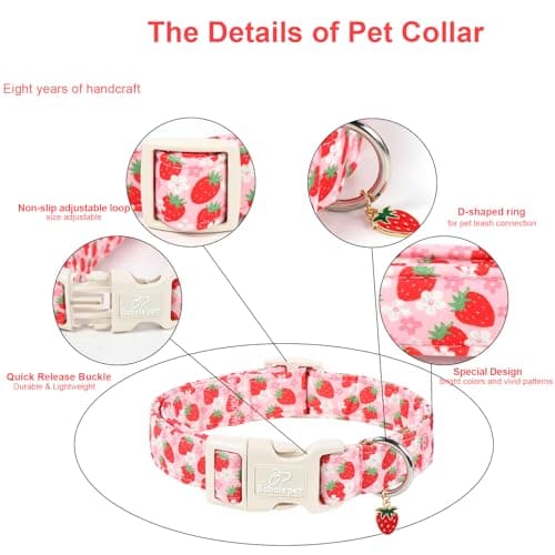 Babole Pet Strawberry Dog Collar Summer Pink Girl Dog Collars for Medium Dogs - Lightweight Adjustable Cute Female Dogs Everyday Collar with Safety Buckle M - Thumbnail 3