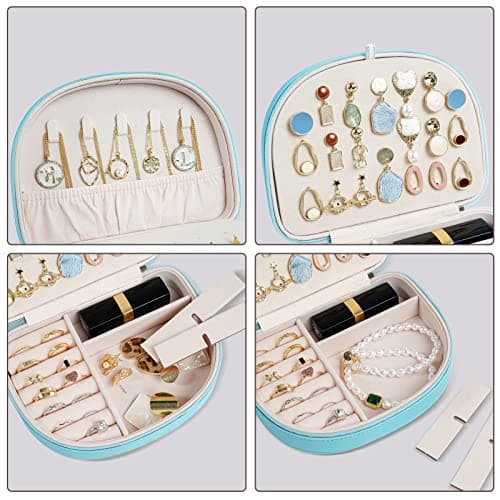 ProCase Travel Size Jewelry Box, Medium Portable Seashell-Shaped Jewelry Case, 2 Layer Jewelry Organizer in PU Leather for Women -Blue - Thumbnail 3