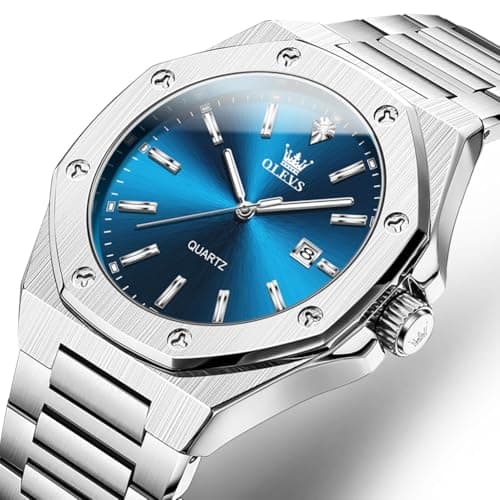OLEVS Watch Men Luxury Silver Stainless Steel Dress Blue Face Waterproof Quartz Analog Watches for Men Large Octagonal Dial Luminous Minimalis Mens Watch Relojes para Hombres - Thumbnail 2