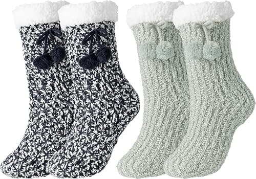 BenSorts Winter Thick Fuzzy Slipper Socks for Women Christmas Cozy Grip Non Slip Cute House Socks Gift Christmas Blue Green 2 Pairs - Image 1