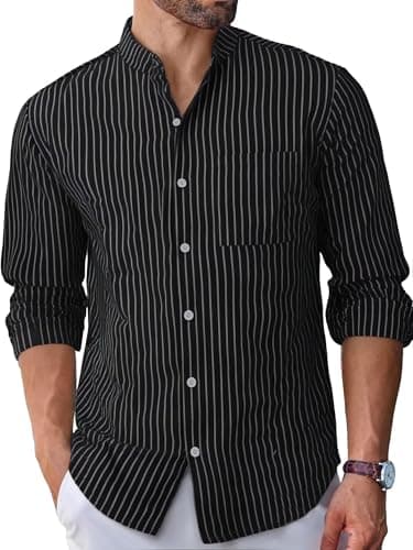 BAYAMO Men's Button-Down Striped Shirts Casual Long Sleeve Cotton Linen Collared Shirts Fashion Business Dress Shirt Black XXL - Image 1
