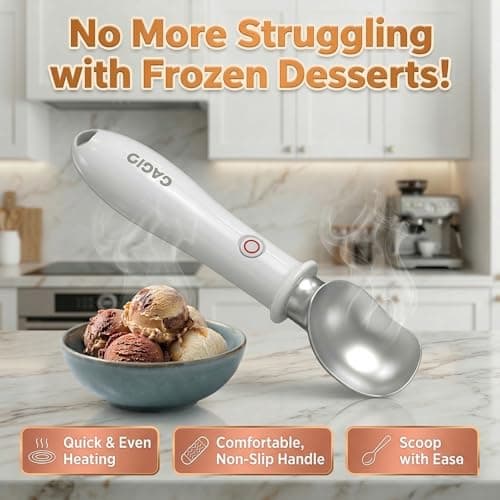 GAGIO Electric Heated Ice Cream Scoop (Upgraded 2.2 oz), Self Warming Ice Cream Scooper for Rock Hard Desserts, Gelato & Sorbet, Battery Powered with Safe Switch, Premium Gift (White) - Thumbnail 3